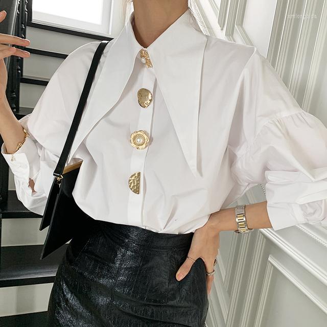 Women&#039;s Blouses Designer Metal Buttons Spring Blouse Women Lantern Sleeve White Shirts Tops Turn Down Collar Korean Top Elegant Office M038