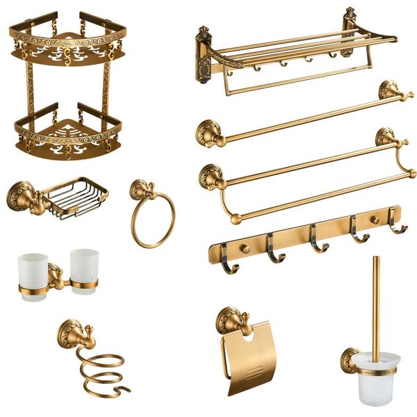 Antique Brass Bathroom Accessories Set Shelf Towel Bar Cup Holders Hairdryer Rack Tissue Holder Roll Paper Holder Soap Dish 240312