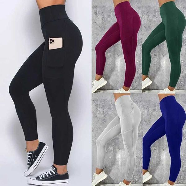 Calça de ioga de bolso plus size mulheres esportes de fitness sólidos perneiras de cintura alta ginásio elástico calças de corrida fêmeas de