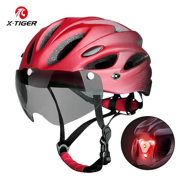 X-TIGER Adult Bike Helmet with LED Rear Light Dual Mode Goggle Cycling Helmet Fit 58-62cm Lightweight Breathable Bicycle Helmets 241202