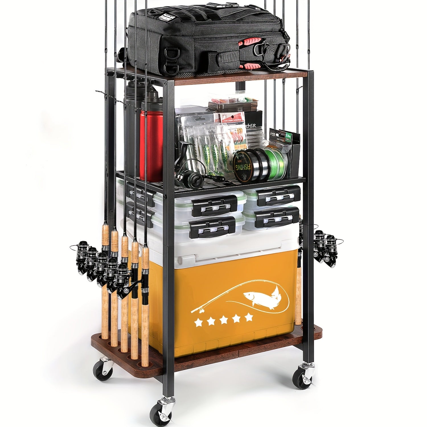 TEMU Ghosthorn Fishing Rod Holders For Garage, Fishing Gear And Equipment Rotating Tackle Storage Cart, Pole Rod Rack Hold Up To 10 Rods, Fishing