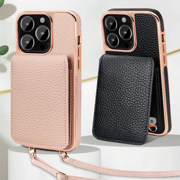 Crossbody Plating Magnetic Folio Litchi Grain Phone Case for iPhone 16 15 14 13 Pro Max Sturdy Shoulder Strap Multiple Card Slots Leather Wa