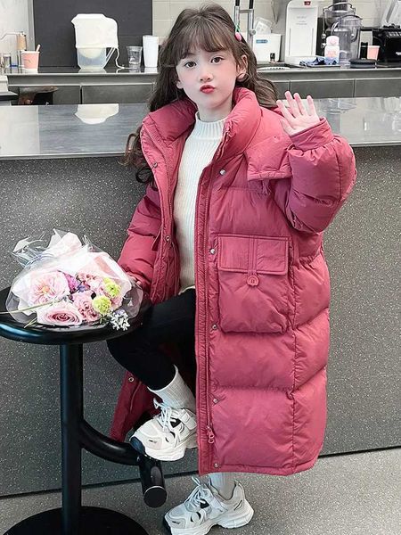 2024 New Extra Long Warm Childrens Padded Jacket Girl Solid Color Cotton Coat Teens Parkas Hoodied Kids Clothing TR146 Y240803