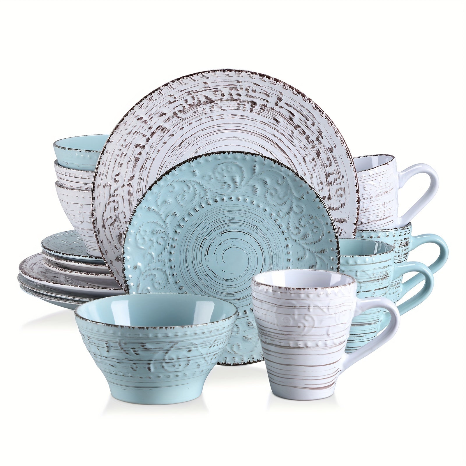 TEMU 16pcs Dinnerware Set Stoneware Embossed Plates And Bowls Set Of 4