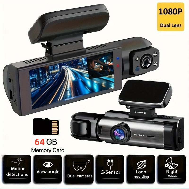 TEMU Dual Dashcam With Front And Rear Recording, Infrared , Loop Recording, , 3.16-inch Ips Screen, Car Dashboard Video Camera, Optional 64gb Card,
