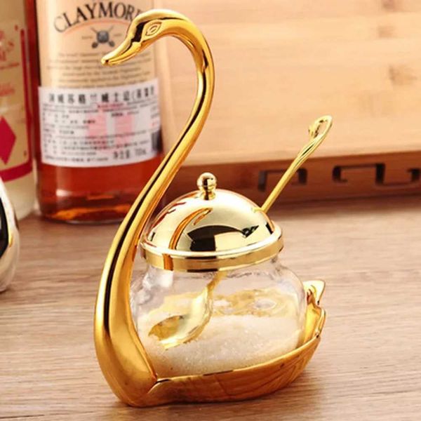 Storage Bottles Jars Top Aluminum Alloy Condiment Pot Seasoning Container Spice Glass Jar Salt Sugar Bowl Pepper Coffee Storage Organizer WF