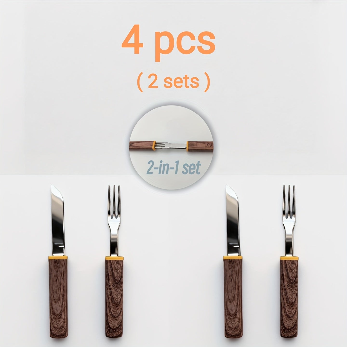 TEMU 2-4-8pcs Portable Steak Knife And Fork Set - Detachable Camping Utensils | Stainless Steel & Anti-wood Grain Handle With Anti-slip Ring | Bbq,