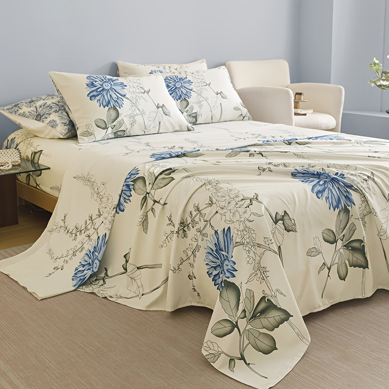 TEMU 4pcs Soft And Breathable Blue Flowers Plant Design Four-piece Sets (1 Fitted Sheet + 1 Flat Sheet + 2 Pillowcase Without Pillow Core)