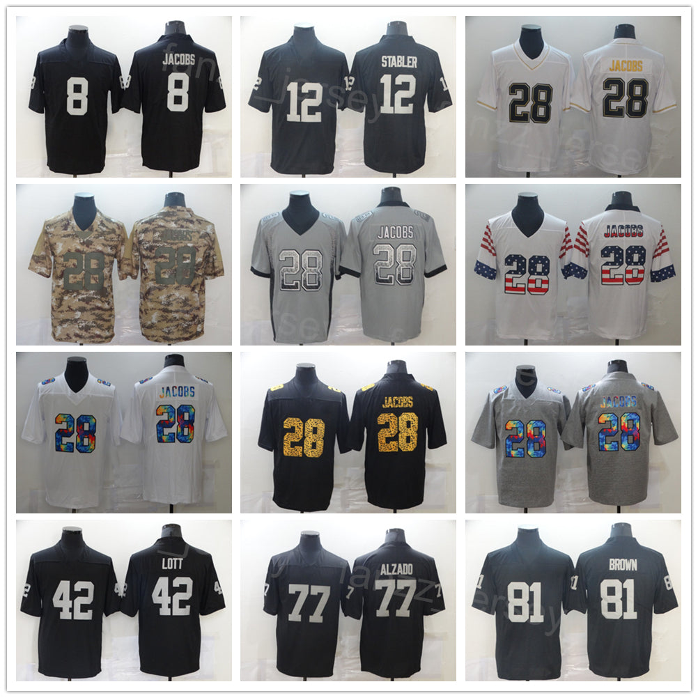 Men Football 28 Josh Jacobs Jersey 12 Ken Stabler 42 Ronnie Lott 77 Lyle Alzado 81 Tim Brown Leopard Grain Rainbow Hemp Grey Flag Camo Color Rush Fo