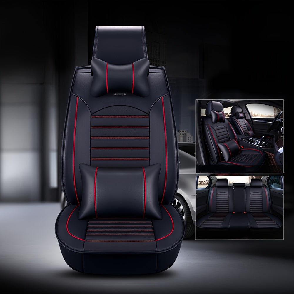 TEMU With Pillows 5 Seat Full Set Car Seat Cover Waterproof Leather Universal Cushion Protector Pad Cover With 2 Headrest And 2 Lumbar Pillow