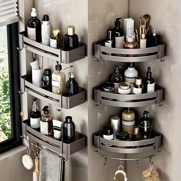Bathroom Corner Rack Punch-Free Wall-Mounted Aluminum Shampoo Bottle Storage Waterproof Bathroom Accessories with Hook Rod 241112