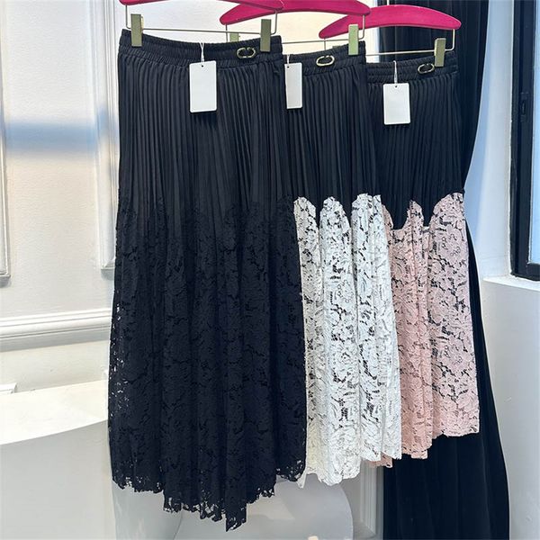 Hollow Lace Skirts Contrast Color Dress Women High Waist Pleated Skirt Luxury Designer Party Skirts