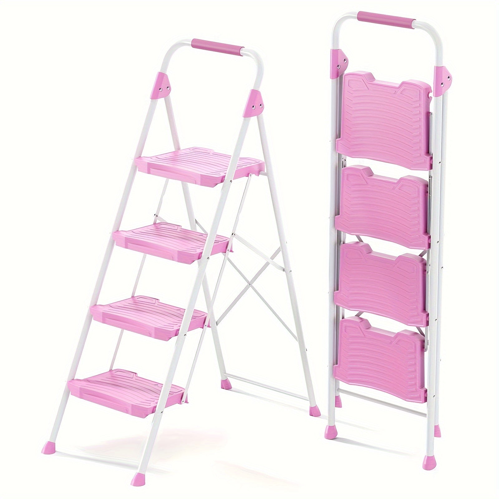 TEMU Kingrack 4 Step Ladder, 900lbs Sturdy Step Stool With Handrail, Anti-slip Wide Pedals, Foldable For Home, Garage, Garden, Household, Pink, Pass