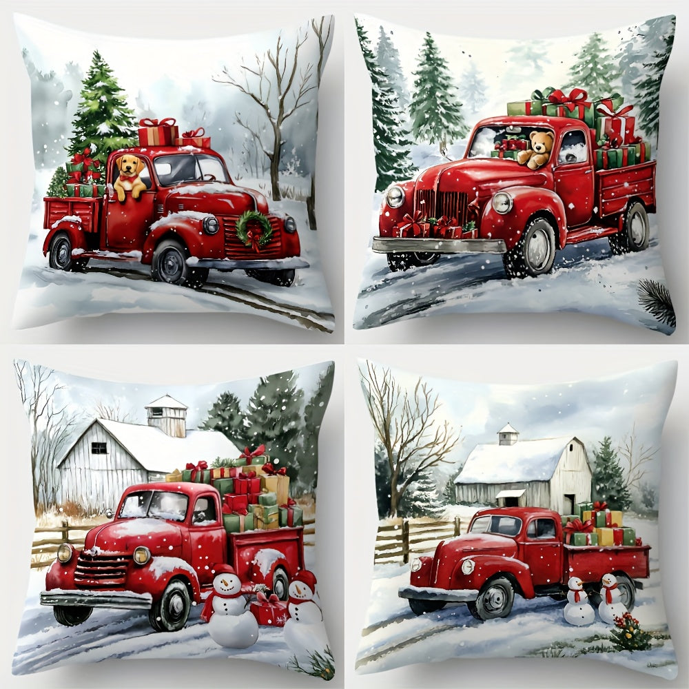 TEMU 4pcs Red Vintage Truck Christmas Pillowcase Set - 17.7x17.7 Inch Soft Decorative Cushion Covers With Zipper Closure, Snowy Winter Scenes &