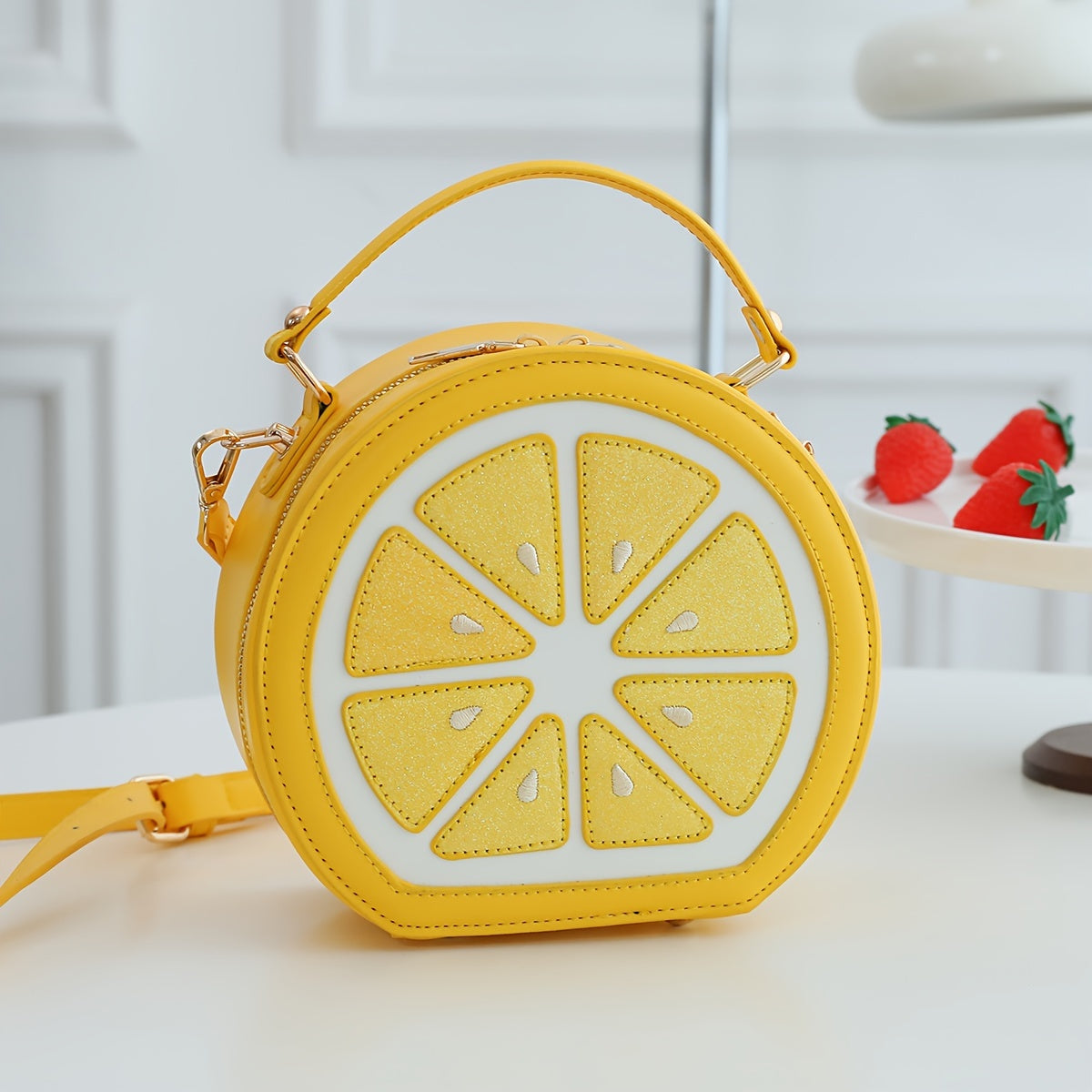 TEMU Fashionable Y2k Lemon-shaped Crossbody Bag For Women, Embroidered Geometric Pattern, With Adjustable Strap, Zipper Closure, Polyester Lined,