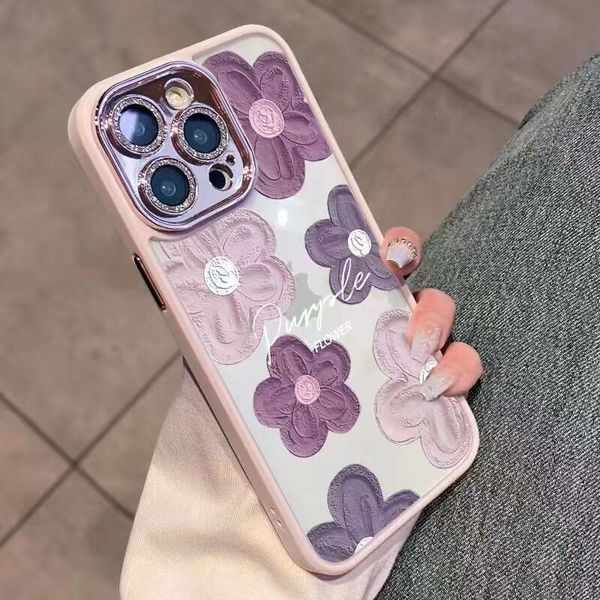 Purple oil painting flower suitable 15 phone case for women iPhone full package 13 promax with lens film