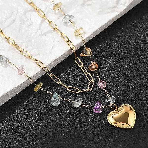 304 Stainless Steel & Natural Mixed Stone Colorful Chip Double Layer Heart Pendant Necklaces for Women