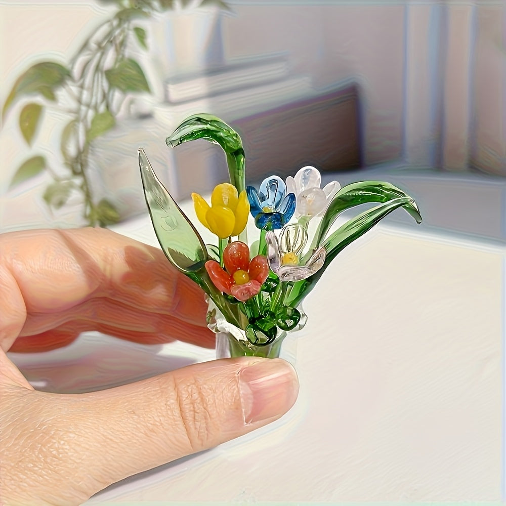 TEMU 5-piece Set Of Handcrafted Crystal Glass Mini Flower Statues - Exquisite Pink Tulip Bouquet In Transparent Vase, Diy Crafts, Photography Props