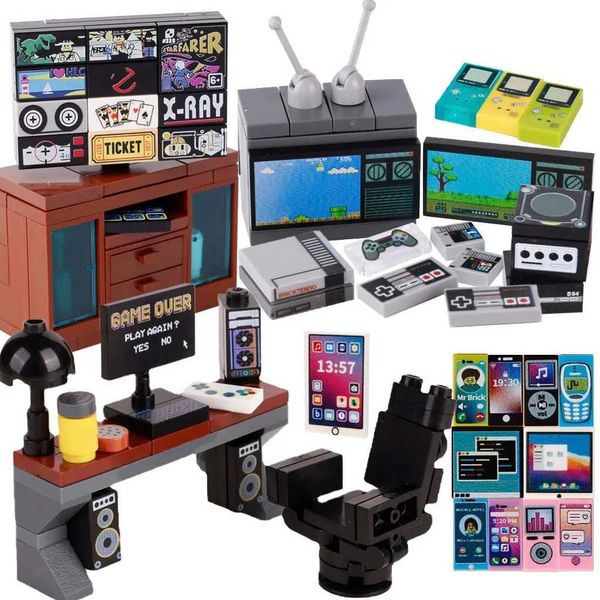 MOC game console computer model building block mini TV game player TV mobile phone printing block toys childrens gifts CL240827