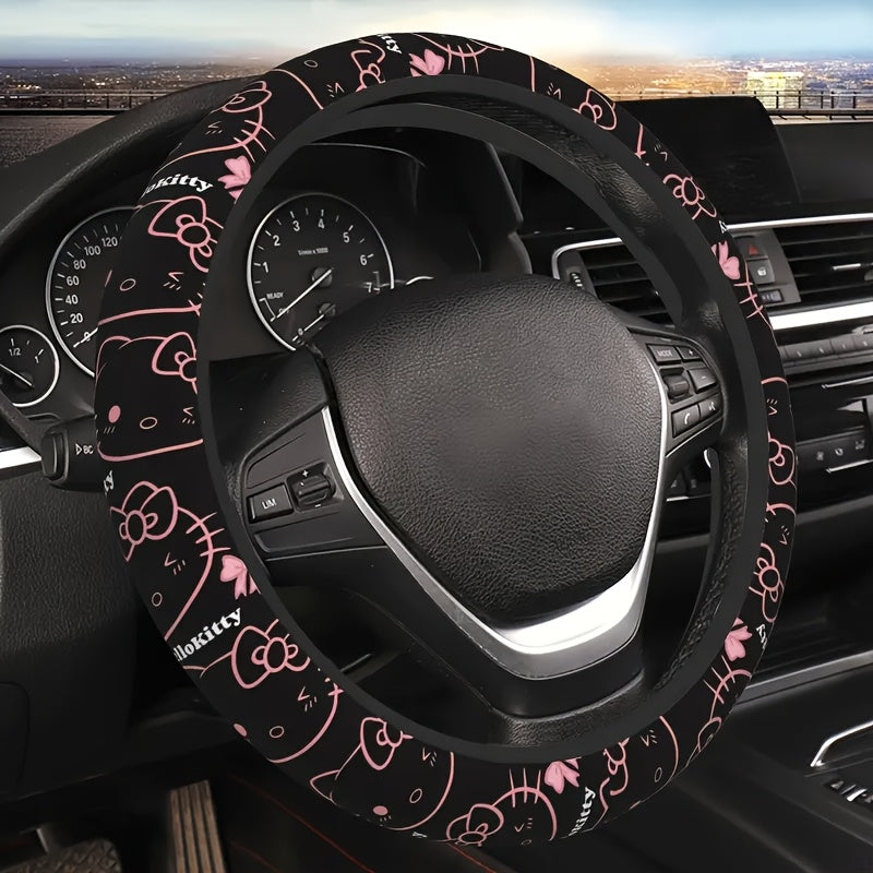 TEMU Hello Kitty Car Steering Wheel Cover - No , Durable Polyester Fit For Most Vehicles, Cute Pink With , Car Interior Accessories, Vehicle Steering