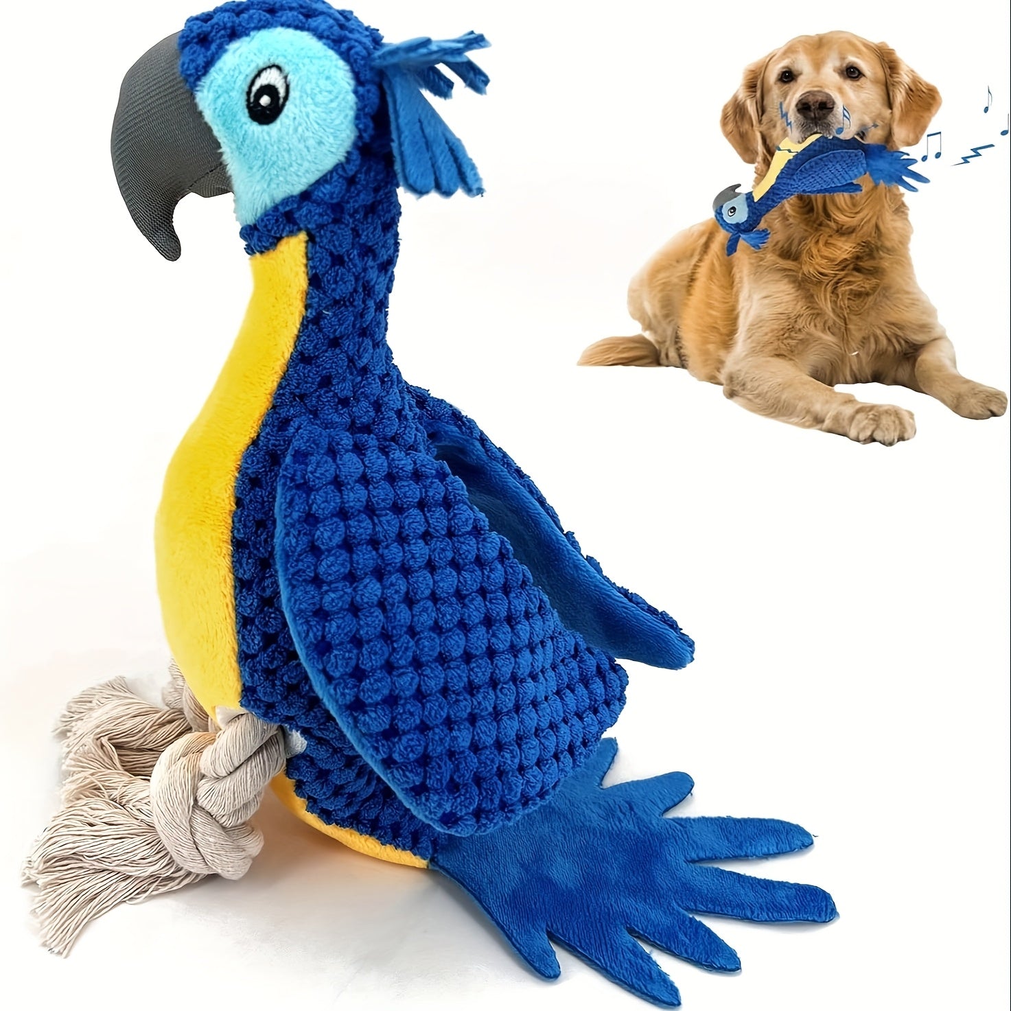 TEMU Squeaky Blue Parrot Plush Dog Toy With Rope - Durable Chew-resistant Soft & Safe Design For Teething, Interactive Breeds & Sizes (small To Large