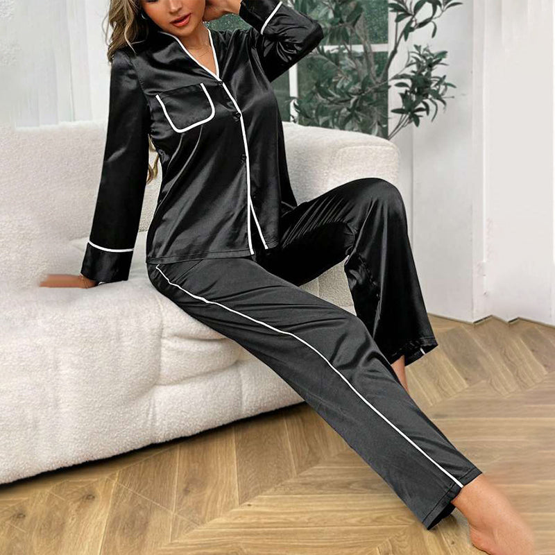 Women&#039;s Spring-Fall Silk Satin Minimalist Long-Sleeve Pants Sleepwear Set for Homewear