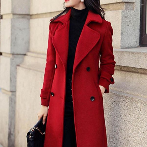 Women&#039;s Red Wool Blend Double Breasted Trench Coat Thermal Winter Overcoat Mid-Calf Length Business Casual Jacket Outerwear B4