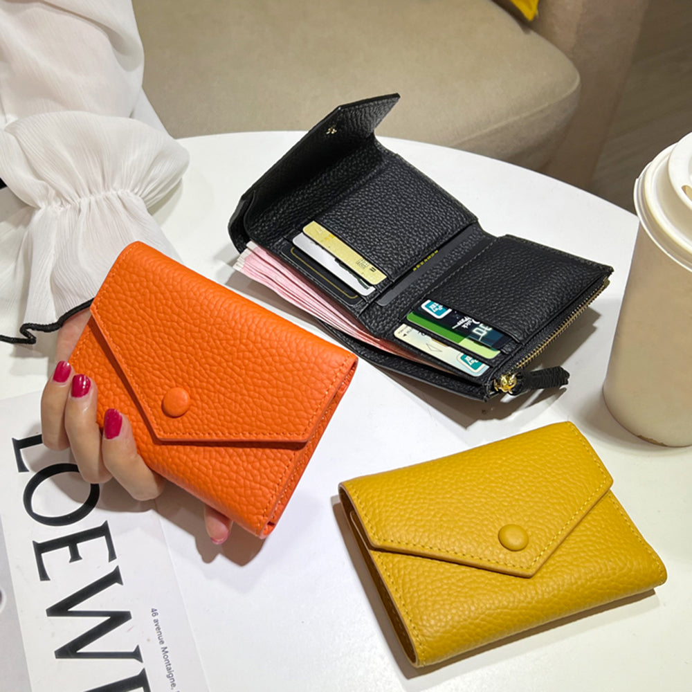 100% Genuine Leather Small Women Tifold Envelope Card Holder Purse Multipurpose Zip Coin Cowhide Short Lady Wallet