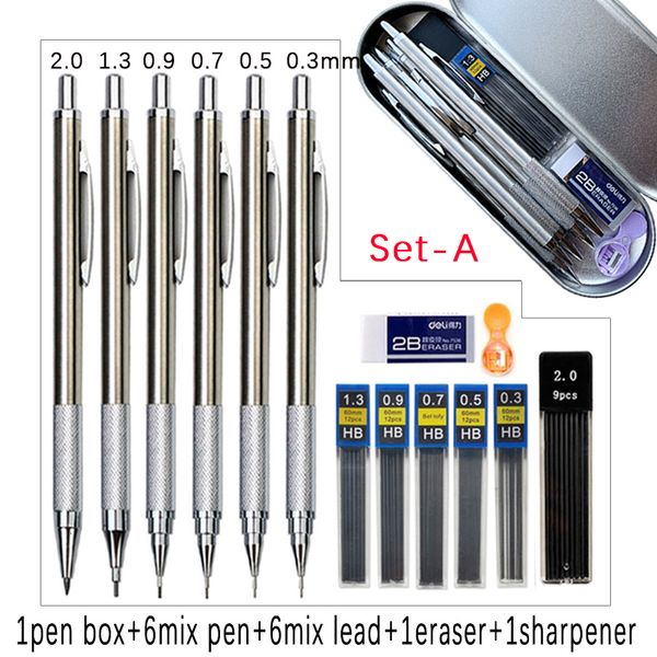 Pencils Metal Mechanical Pencil Set wtih Pen Box Leads Eraser and Sharpener 03 05 07 09 13 20mm Art Sketch Painting 230630