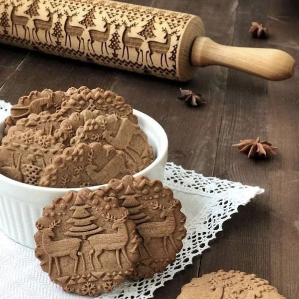 2024 35CM Christmas Emed Rolg Pin Wood Carved Cookies Biscuit Fondant Dough Baking Engraved Printed Roller Holiday Gifts for