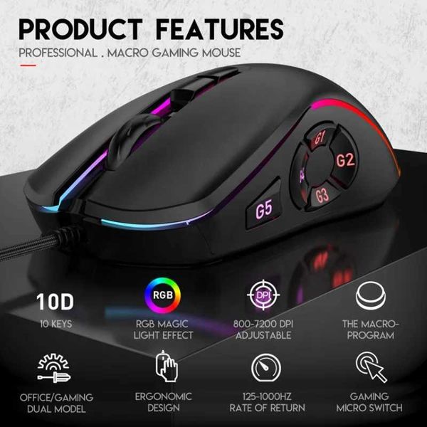 New Arrival Wired Gaming Office Mouse 7200DPI RGB Backlit Mouse 6 Adjustable DPI Levels-10 Programmable Buttons-Back to Desktop Button Mouse