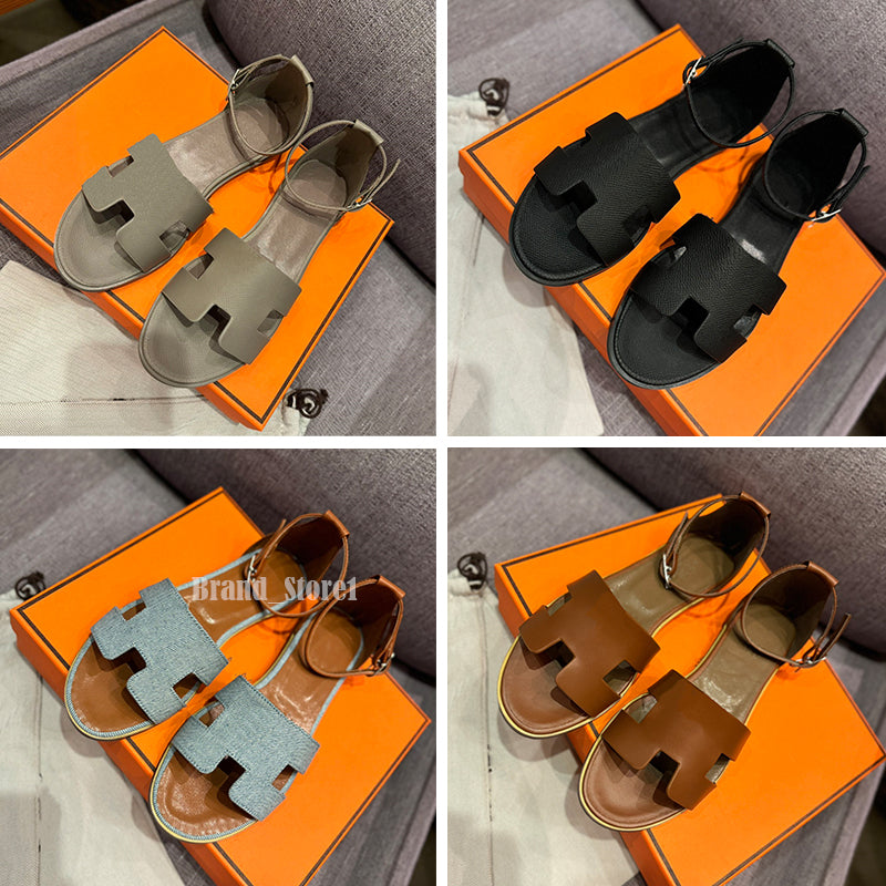 Designer santorini Sandals Women Slippers Beach Roman shoes High Quality calfskin Leather Summer Casual Sandal with box Size 35-42