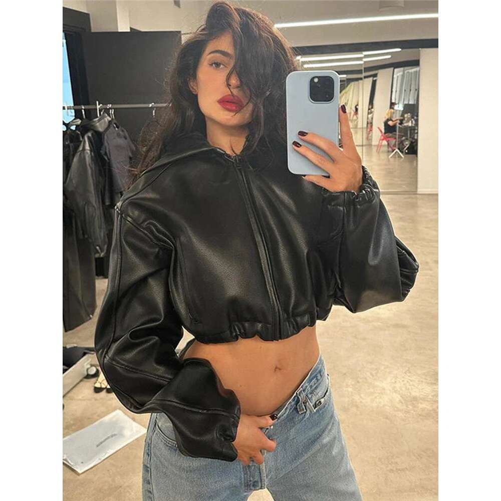 Women&#039;s Wear Women&#039;s Pu Leather Crop Hoodie Jackets Street Long Sleeve Zipper Black Outerwears 2024 Autumn New Fashion Bomber Jacket Coats