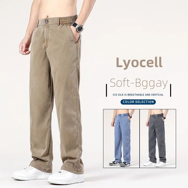 Summer Baggy Jeans Mens Classic Thin Lyocell Fabric High Quality Straight Casual Pants Soft Denim Trousers Coffee Blue Gray 240906