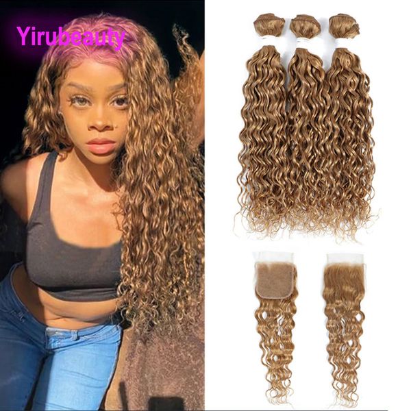Yirubeauty Water Wave 27# Color 3 Bundles With 4X4 Lace Frontal Free Part 10-30inch Pure Color Brazilian 100% Human Hair