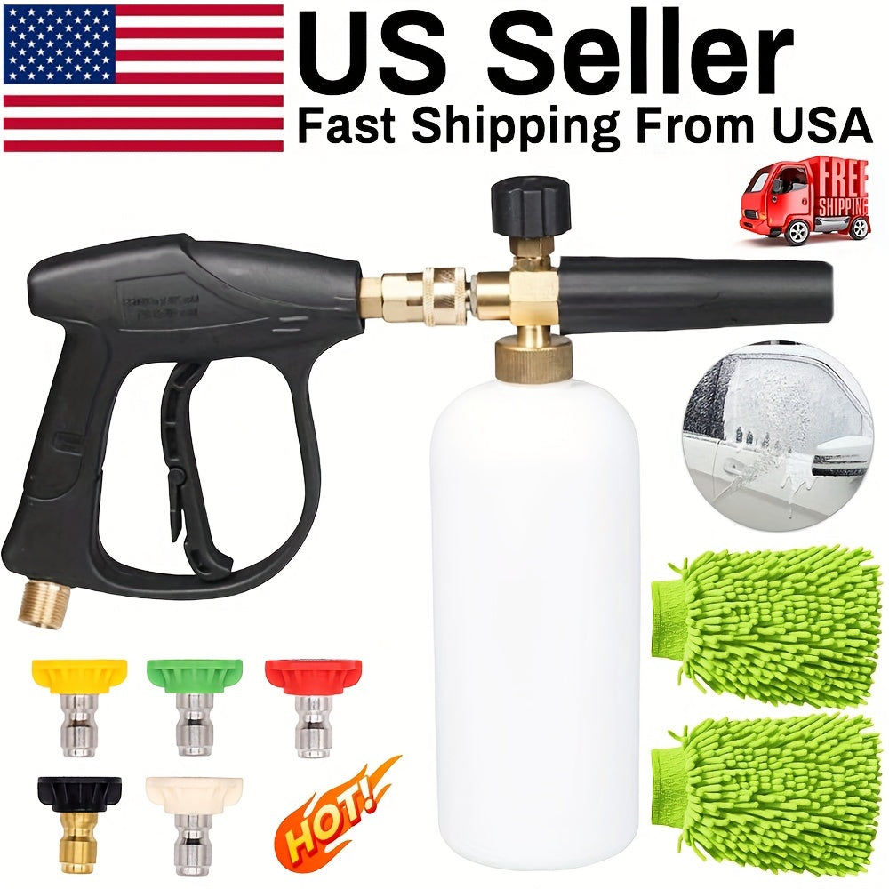 TEMU Heavy-duty High Pressure Car Wash Foam Gun With Leak-proof M22-14 Thread & - 1l Bottle, Multi-nozzle (including Microfiber Gloves), Design For