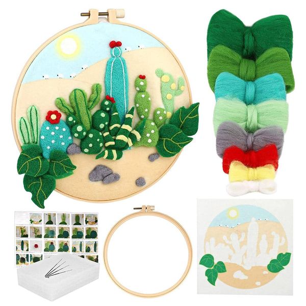 RUOPOTY Wool Felting Painting Kit Cactus Flowers Embroidery Frame Diy Felt Crafts Package Felt Needle For Handwork Home Decors