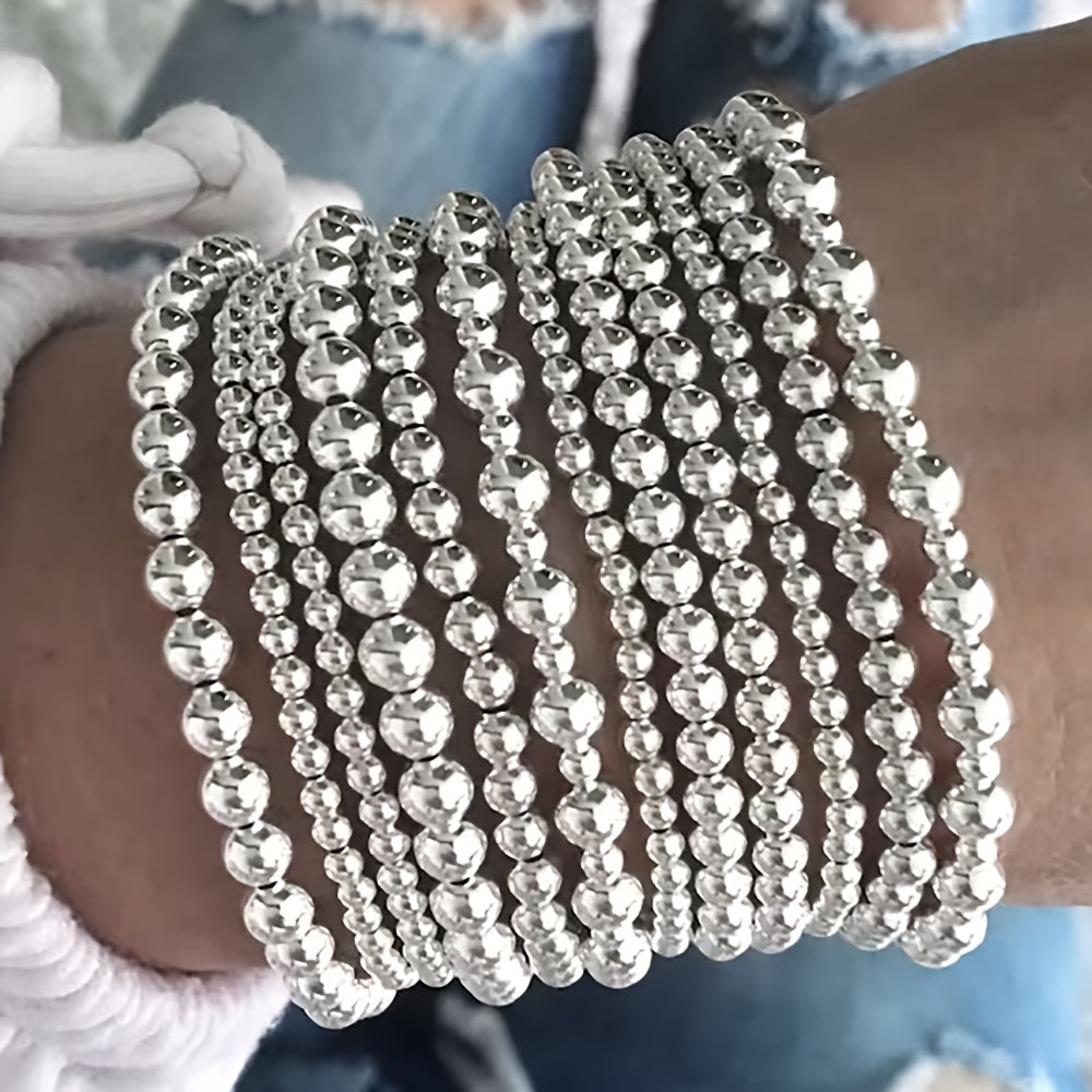 TEMU 12pcs Retro Elegant Layered Stretch Beaded Bracelet Set For Women, Trendy Party Jewelry For Casual Attire