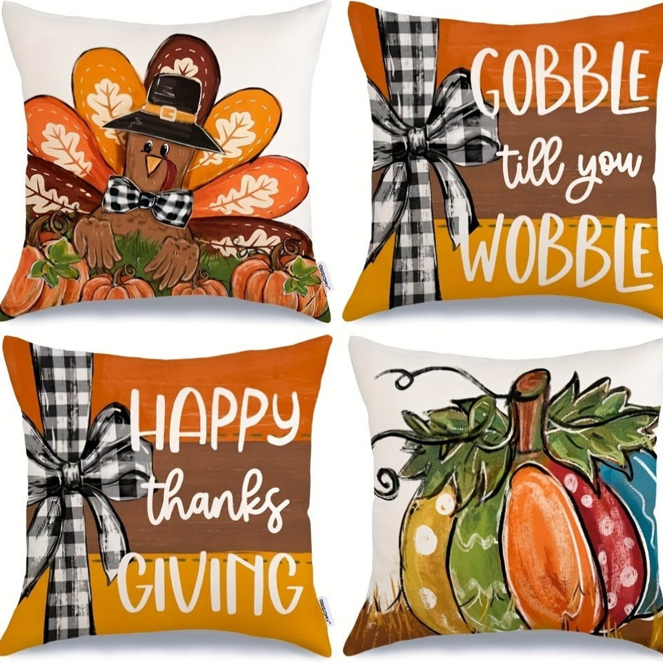 TEMU 4pcs Pillowcase Set - Features Till You Wobble Turkey, Happy Thanksgiving, And Fall Leaves - Durable Polyester, Zipper Closure, Sofa And Chair