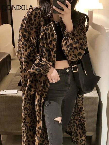Leopard Print Trench Coat for Women Loose Tooling Jacket Medium and Long Korean Version Outerwears 2024 Autumn 241225