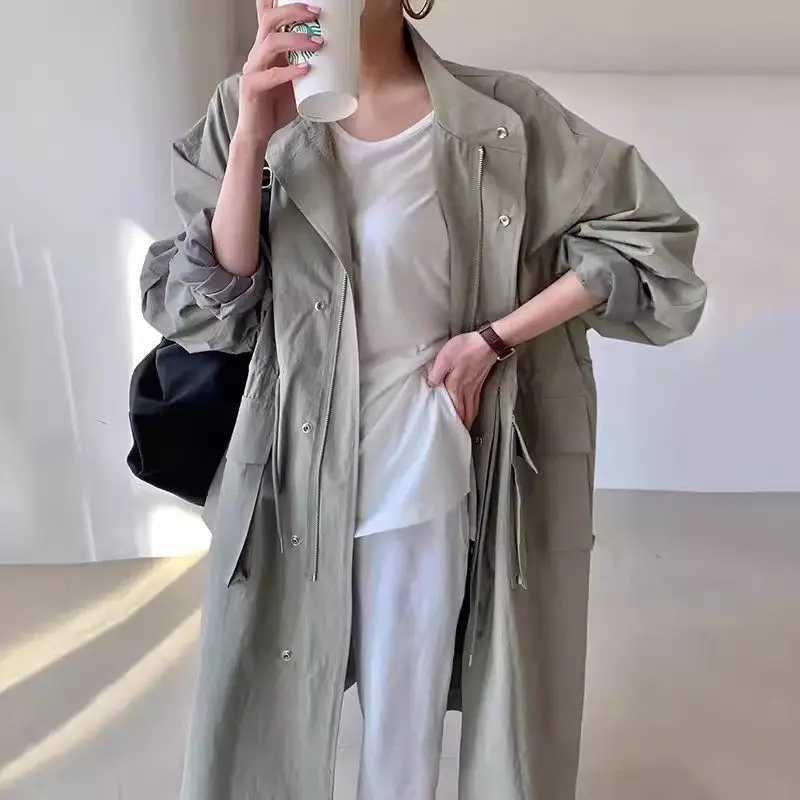 Trench Coat For Women Korean Style Long 2024 Autumn Retro Stand Up Collar Large Pockets Loose Casual Zipper Windbreaker K2368X240921