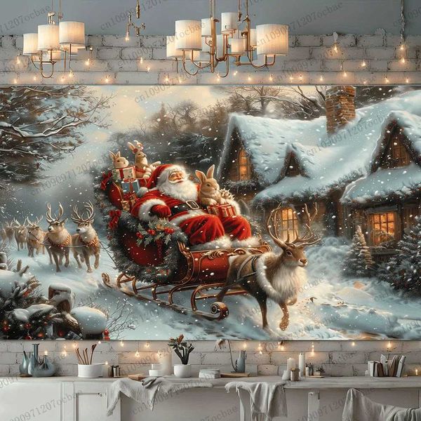 Christmas Wall Tapestry Santa Claus and reindeer sled hanging decoration Christmas scene background holiday life room decoration Y241101