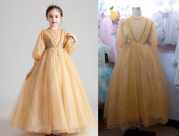 Pretty Gold Pink Purple Jewel Applique Beads Girl&#039;s Pageant Dresses Girl&#039;s Birthday-Party Dresses Flower Girls Skirts Kids&#039; W