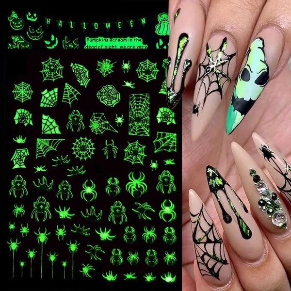 3D Luminous Nail Stickers Decals Spider Web Halloween Black White Glowing in the Dark Nail Art Sliders Foils Tattoo TRCY046-054XJ240814