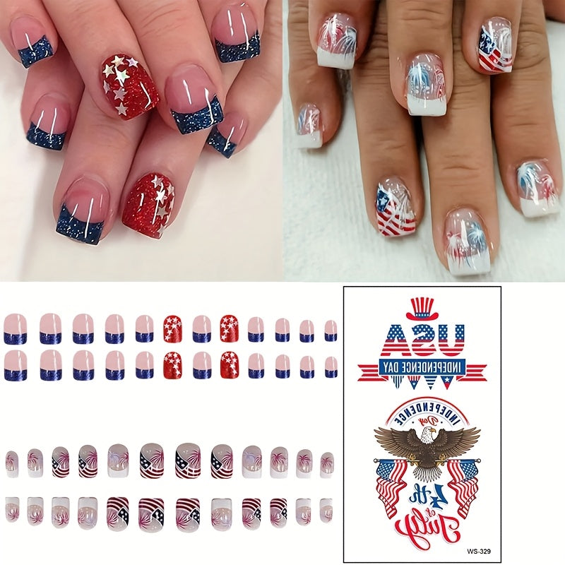 TEMU 2 Pack 48pcs Short Square Press On Nails, Star Spangled French Tips With Glitter Glossy Finish, Acrylic Full Cover Fake Nails + Free Tattoos,