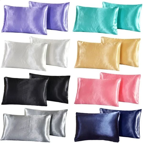 Queen Silk satin pillowcase 2Pcs bedding pillowcase smooth home white black gray khaki sky blue pink silver 240829