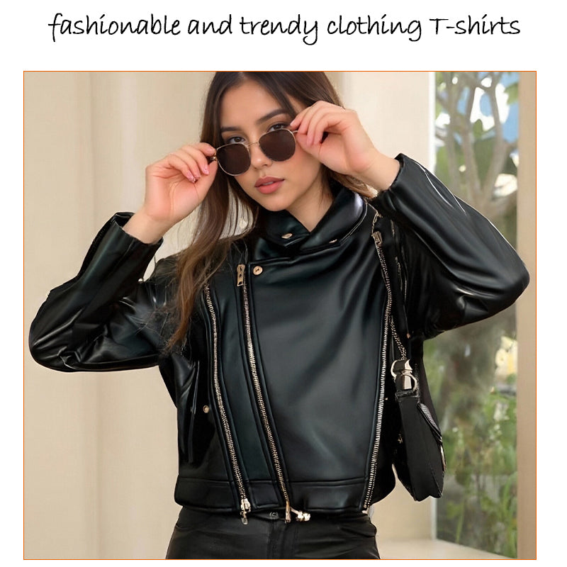 Women&#039;s Leather & Faux Leather Women&#039;s Short Black PU Leather Biker Jacket with Asymmetric Zippers