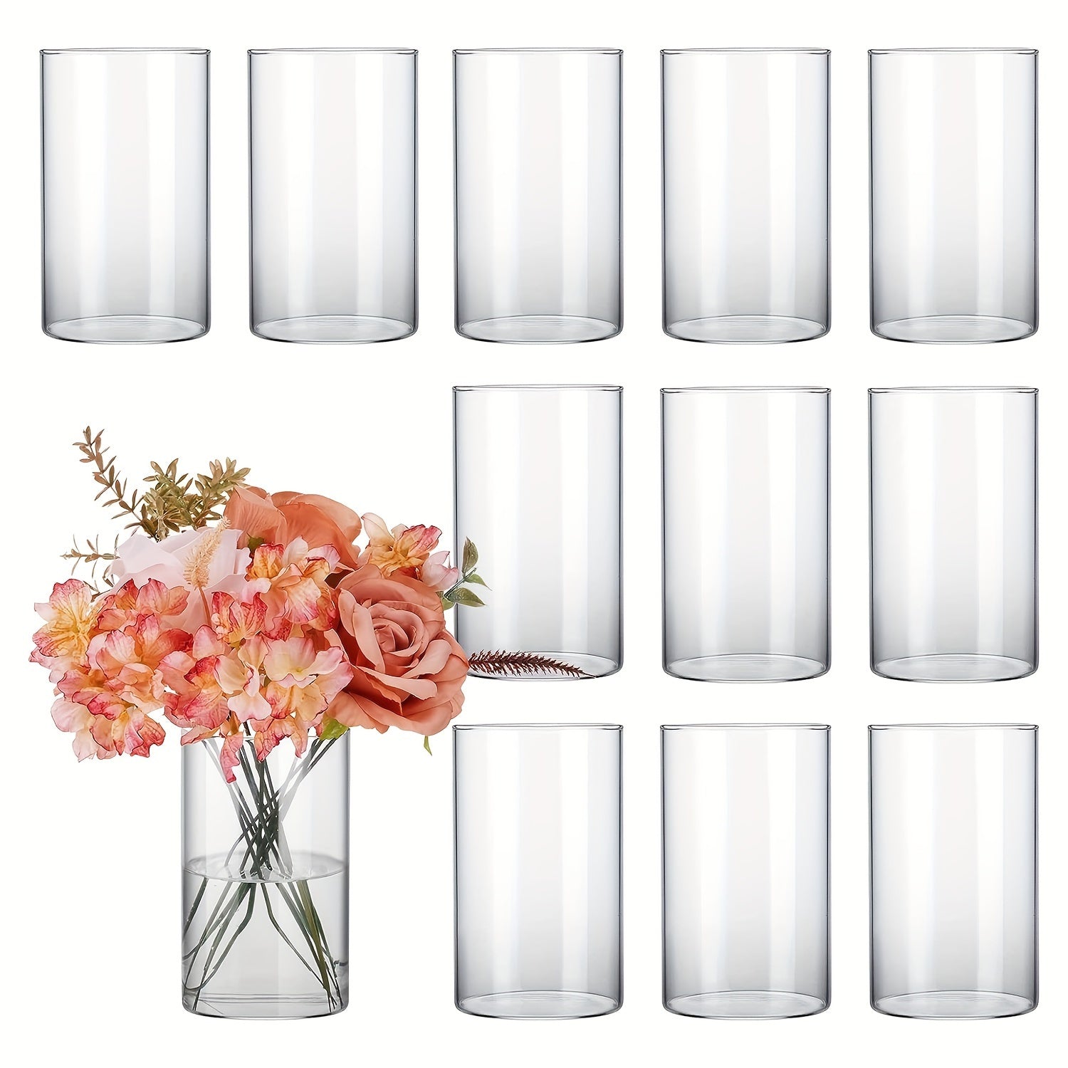TEMU 12pcsglass Cylinder Vases For Centerpieces, Flower Vases Wedding Decorations, Tall Glass Hurricane Candle Holder For Table Shelf, Floral Vase