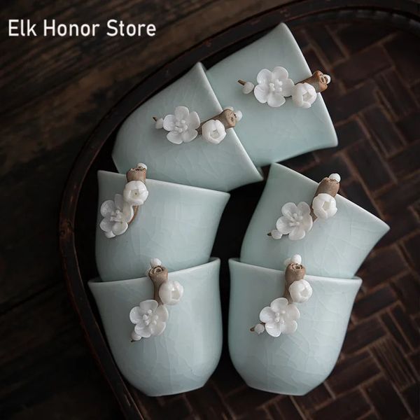 75ml Azure Ru Kiln Ceramic Teacup Hand Pinch Flower Chinese Antique Pottery Tea Cup Teaware Tea Bowl Mugs Tea Ceremony Gift Box 240624