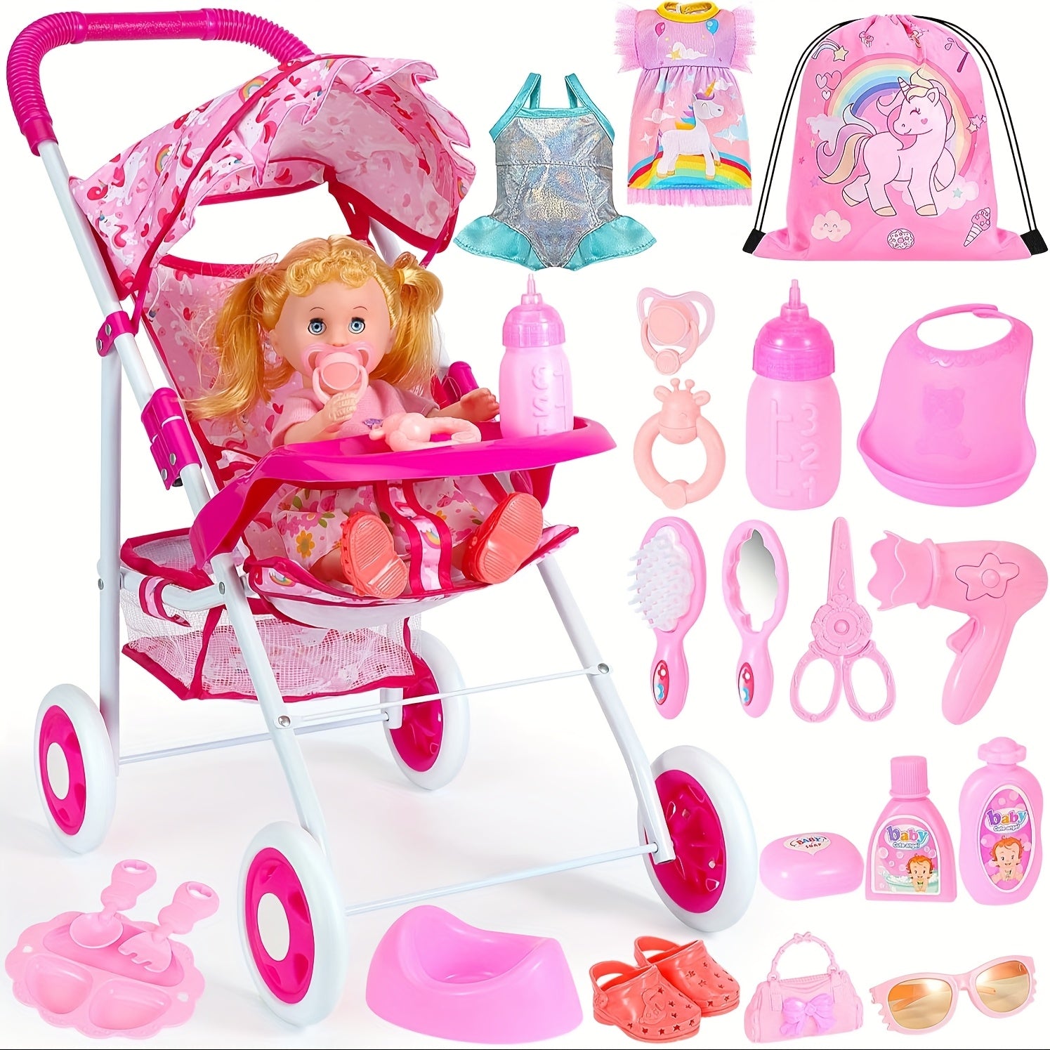 TEMU 24pcs Baby Stroller Toy Doll Stroller For Girls, 21'' Foldable Doll Stroller With Storage Basket, 11'' Baby Doll, 3 Skirts, Baby Doll